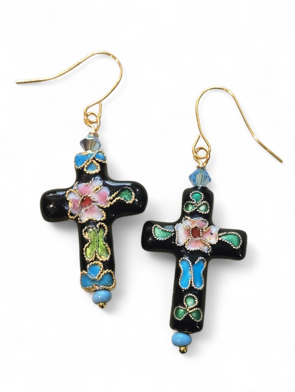 Handmade Cross Earrings Cloisonne Enamel Jewelry Black Floral Gold NEW Vtg.